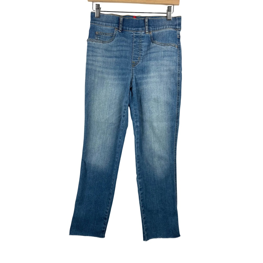 Spanx Straight Leg Jeans sz S Blue Ankle Raw Hem Pull On clean girl